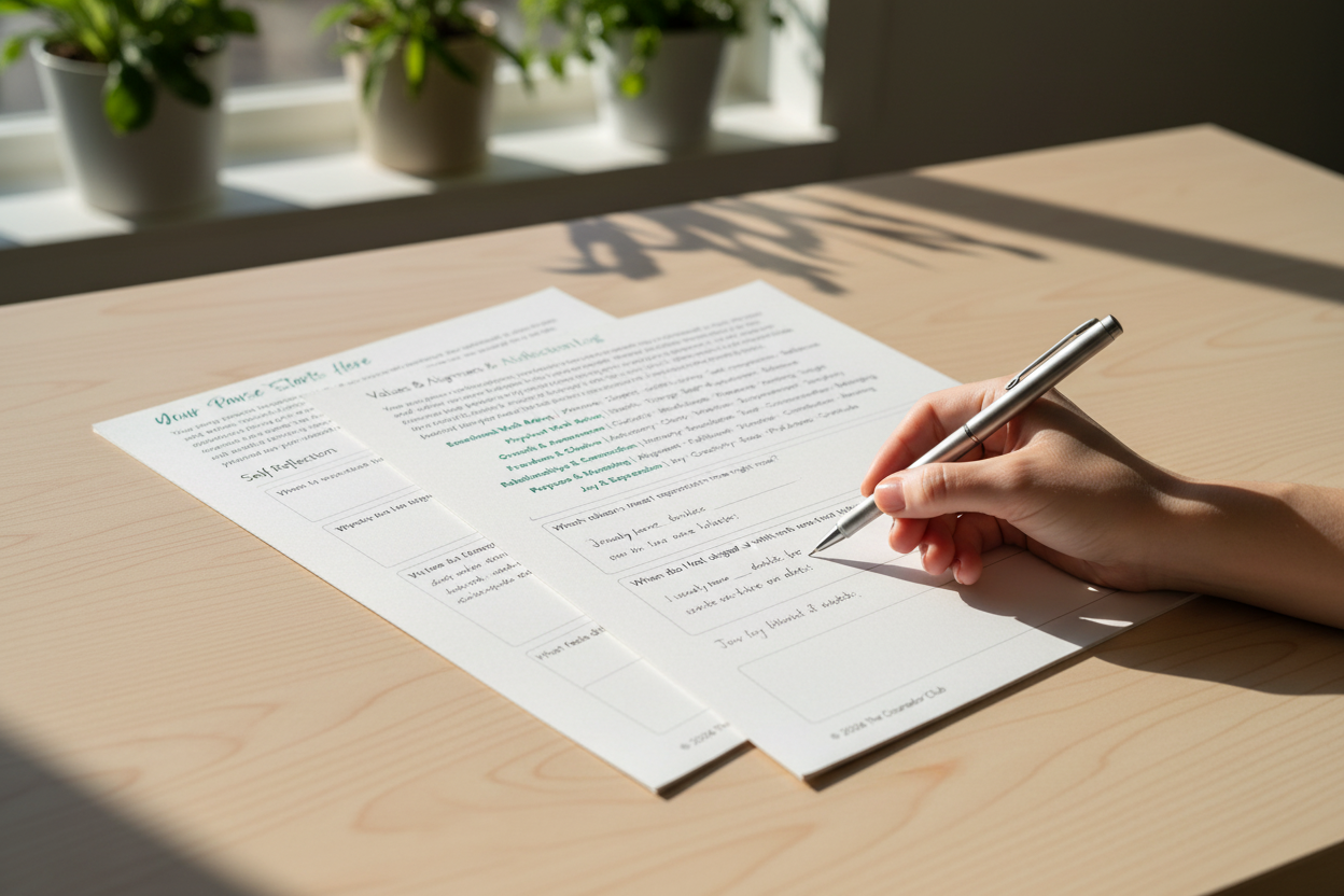 Pause the Pour workbook pages on desk